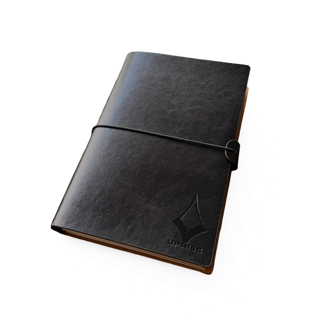 Customizable A5 notebook with a sleek charcoal black vegan leather cover, featuring modular inserts for daily planning, journaling, and habit tracking