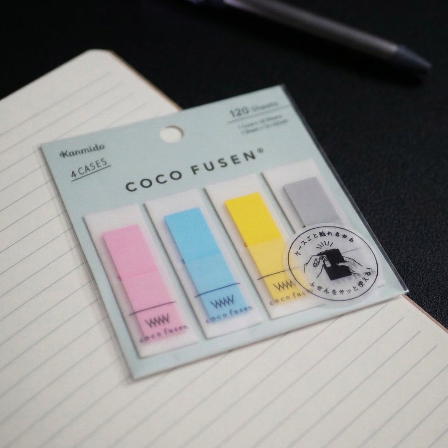 Coco Fusen sticky notes with a pen on a notebook