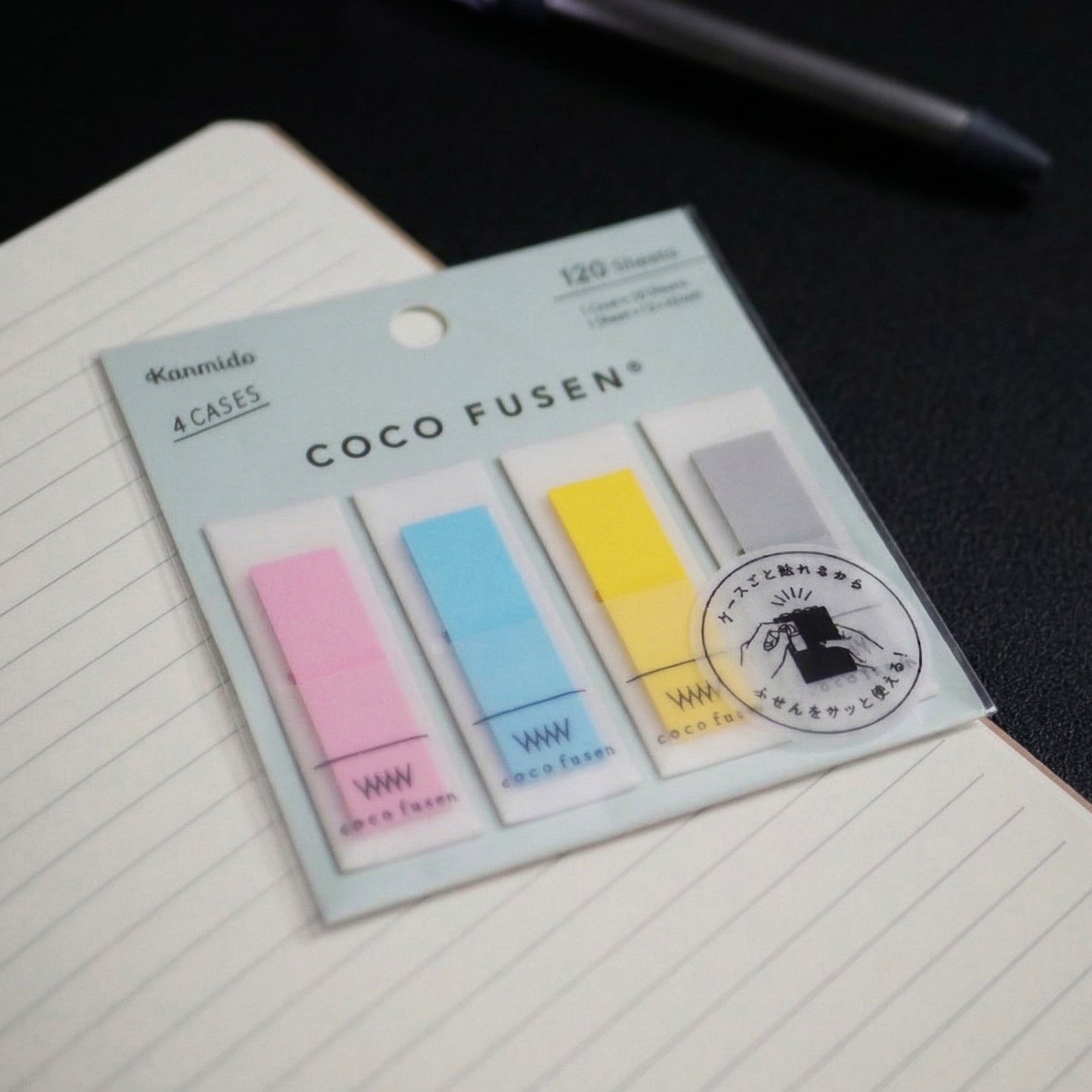 Coco Fusen sticky notes with a pen on a notebook